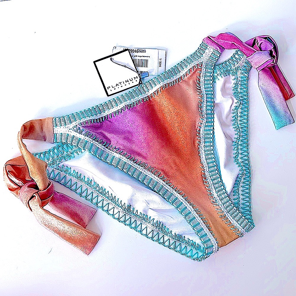 NWT PLATINUM swim bottoms pastel shimmy shimmer aqua orange turquoise stitch L